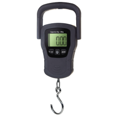Small hanging scale with a 40 kg capacity for luggage. Portable hook scale for travel with an integrated tape measure.