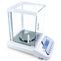 Balanza de precisión profesional con protector de cristal transparente, capacidad 420g y ø115mm para laboratorio y farmacéutica.