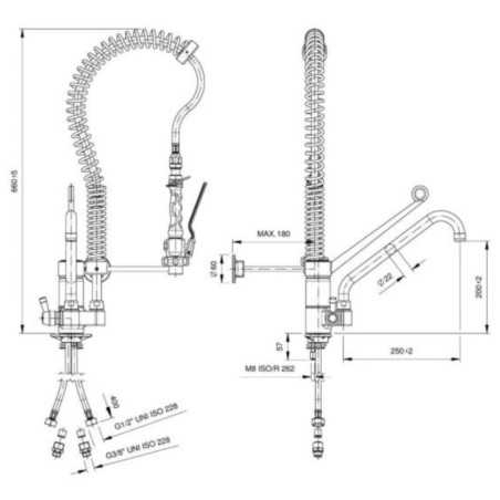 Robinet de douche à deux eaux avec robinet gérontologique de 600 mm de hauteur en acier inoxydable
