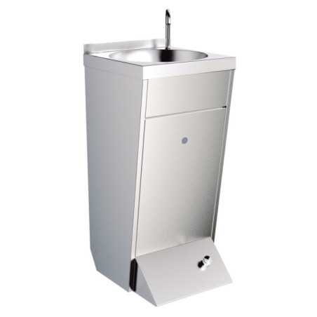 Lavamanos de pie profesional de acero inoxidable con grifo con caño giratorio y pulsador