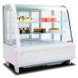Refrigerated white curved glass display case with 2 shelves for pastry