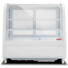 Refrigerated white curved glass display case with 2 shelves for pastry