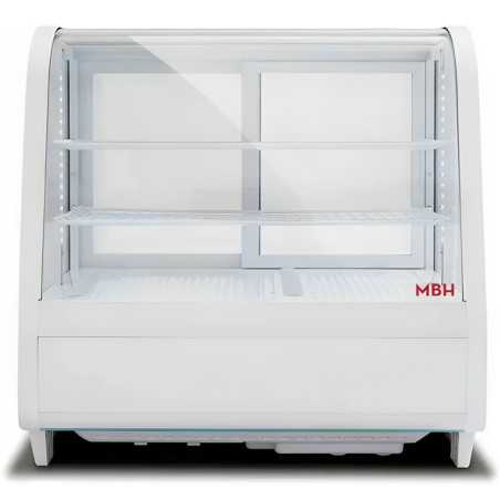Refrigerated white curved glass display case with 2 shelves for pastry