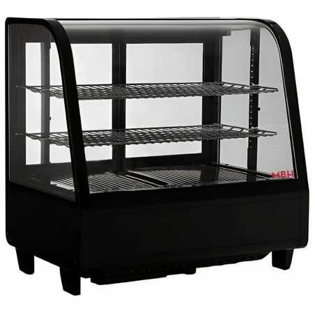 Refrigerated black curved glass display case with 2 shelves for pastry