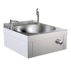 Stainless steel professional wall-mounted sink, 400 x 400 mm, with faucet, swivel spout, push button, and soap dispenser