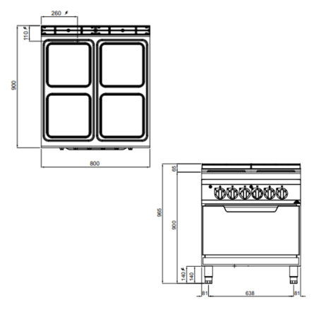 Cocina eléctrica de 4 fuegos MAXIMA 900 con Horno