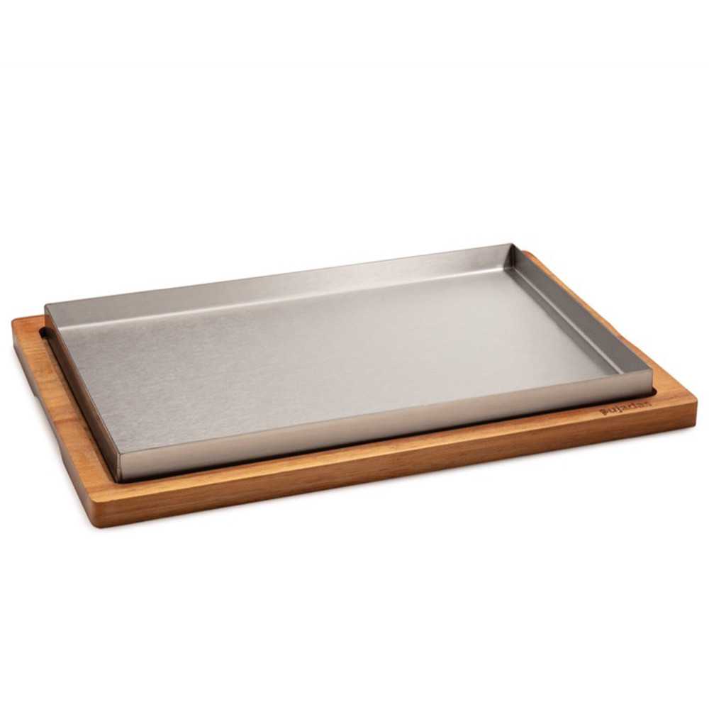 Stainless steel llauna trays with wooden tray with presentation