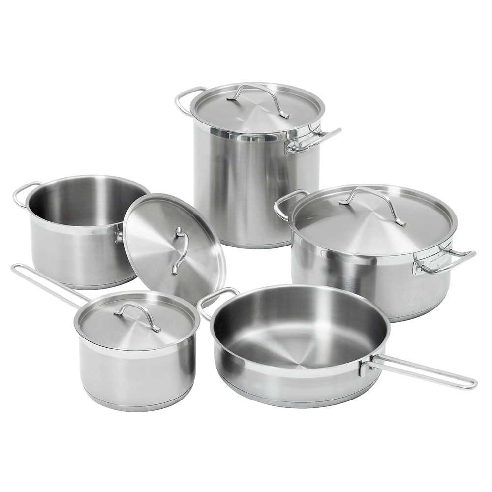 Set of 4 saucepans with lid and 1 professional stainless steel frying pan, 2 - 2.7 - 2.8 - 5.1 - 6.1 litres