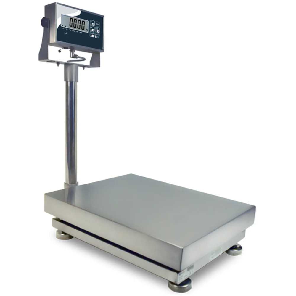 Balance industrielle en acier inoxydable 150 kg 500x650 mm avec colonne pour sacs, boîtes, colis et animaux.