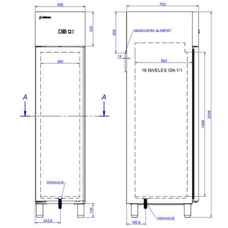 Industrial INOX refrigerator 500 L GN 1/1 with glass door