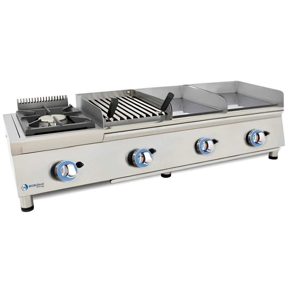 Cuisine modulaire Lux Worldmai à gaz professionnelle avec réchaud, 2 plaques et grill basque