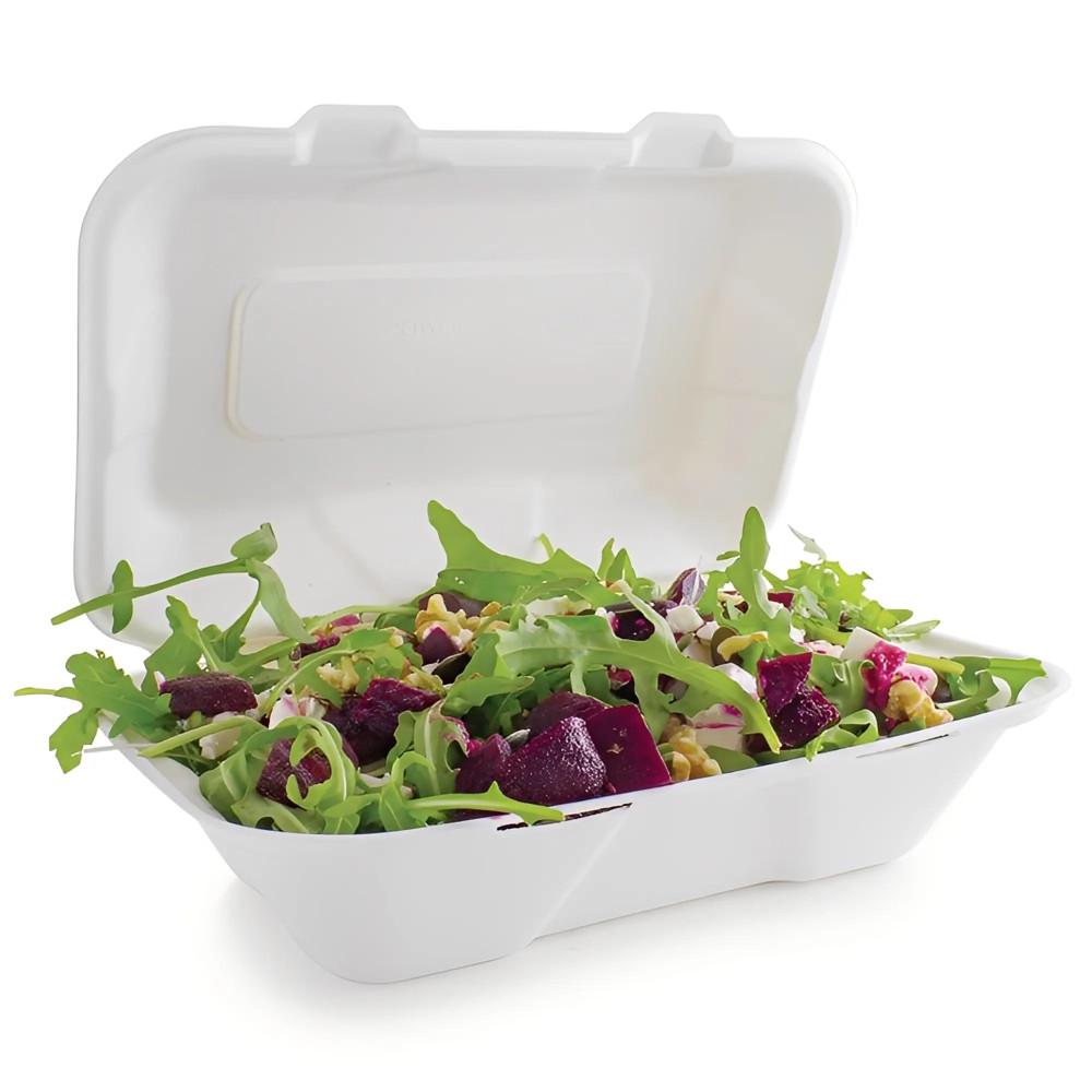 Compostable hinged bagasse food container 228 mm (200 pcs.)