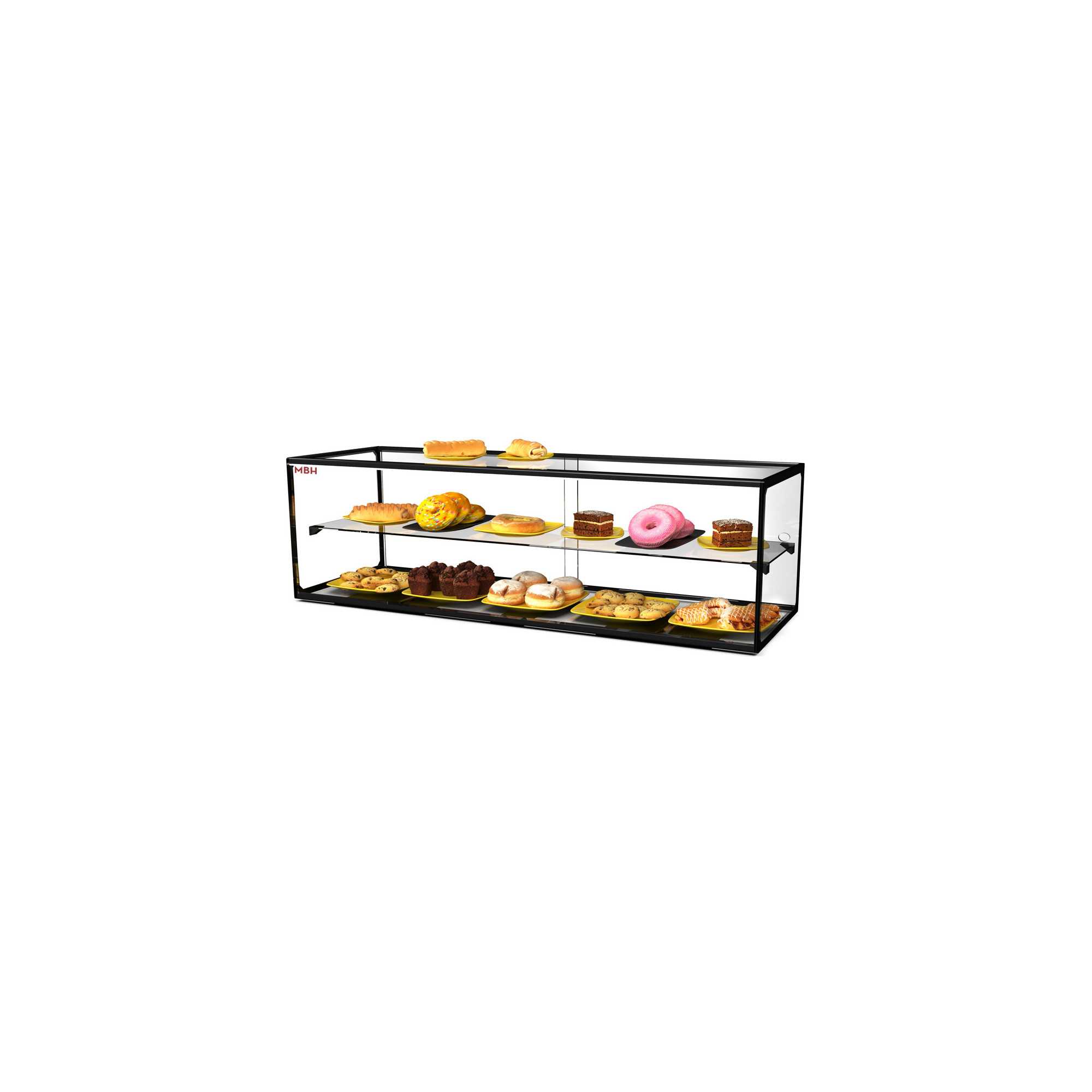 Second hand neutral display 120 cm 2 tiers for hospitality with scratched glass