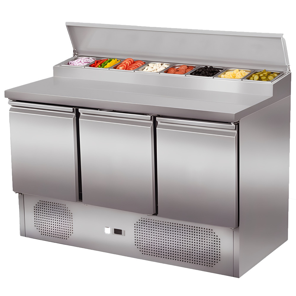 Table de préparation réfrigérée en acier inox 3 portes 260 litres 1365x700mm