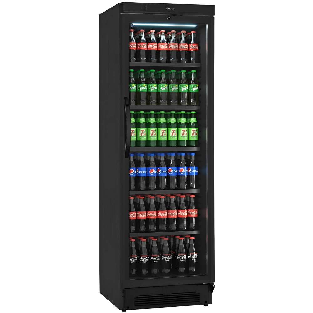 Frigorífico expositor vertical negro con puerta de cristal de 358 litros para bebidas