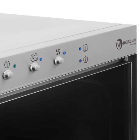 MBH - Stainless steel interior with cross arms and automatic dispensers in industrial dishwasher.