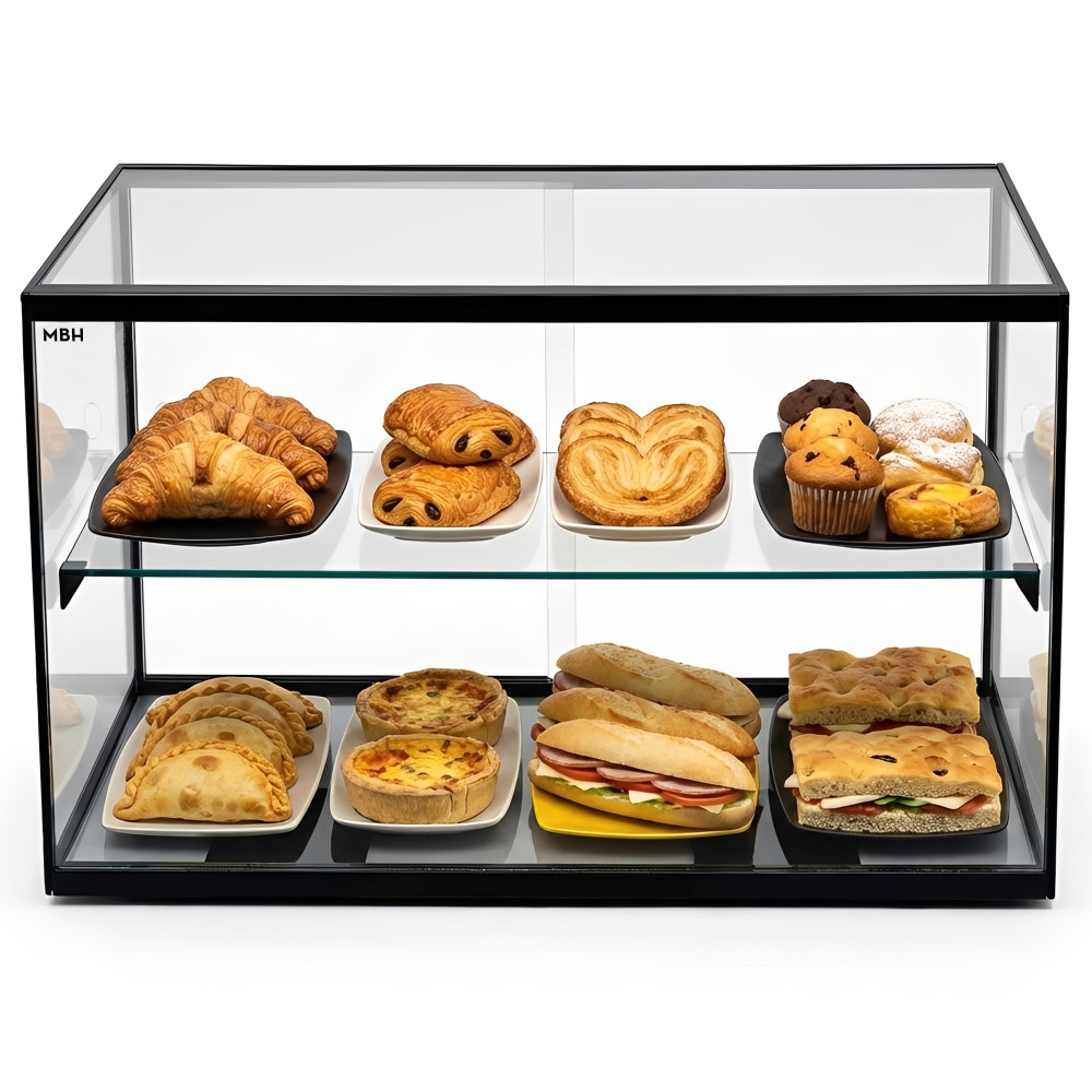 Glass non refrigerated double layer 55 cm display case for cakes and pastries