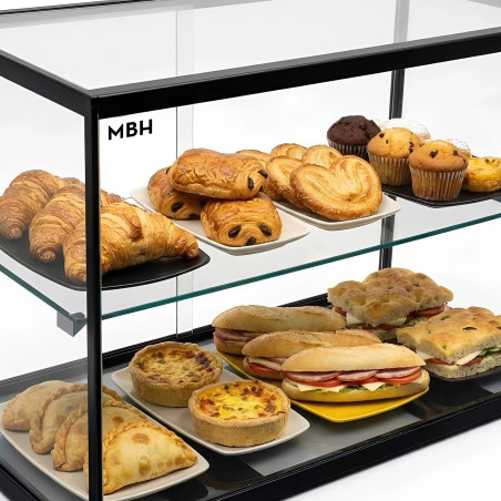 Vitrina expositora neutra de cristal 55 cm 2 pisos para bollería y repostería