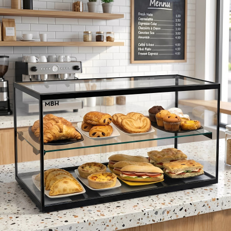Vitrina expositora neutra de cristal 55 cm 2 pisos para bollería y repostería