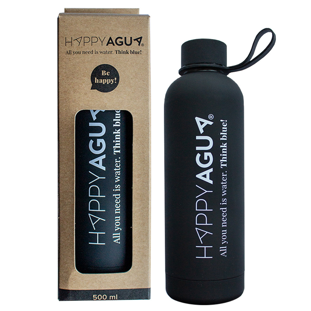 Botella de agua térmica de acero inoxidable doble camara Happy-Agua Negro libre de BPA Botella de agua térmica de acero inoxidable doble camara Happy-Agua Negro libre de BPA