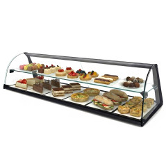 Double layer curved glass non refrigerated display cases for cakes and pastries