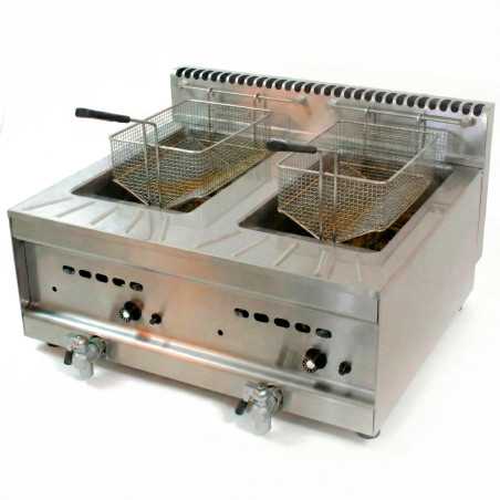 Double-tank gas fryer 10+10 L with 2 stainless baskets: independent control and fast draining.