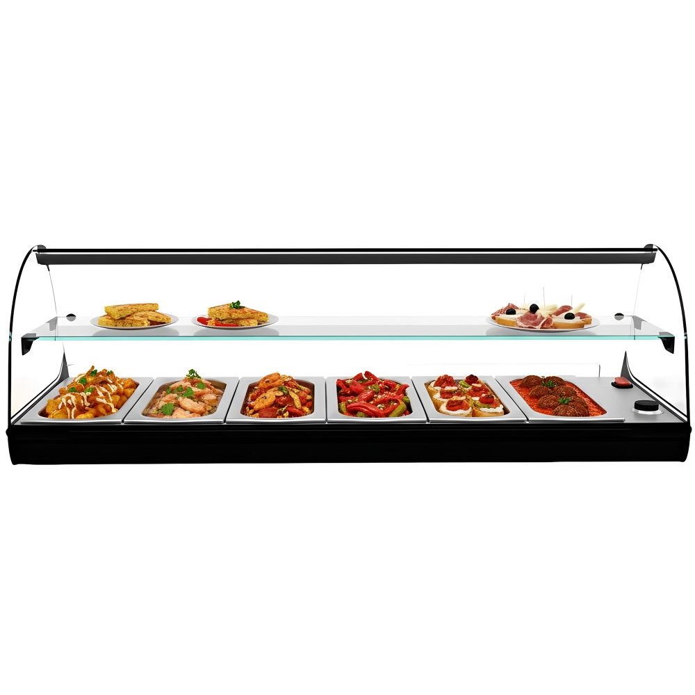 Professional heated tapas display case with shelf, 6 GN 1/3 trays in stainless steel