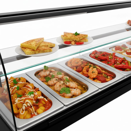 Professional heated tapas display case with shelf, 6 GN 1/3 trays in stainless steel