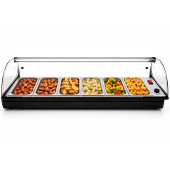 Professional heated tapas display case with 6 GN 1/3 trays in stainless steel