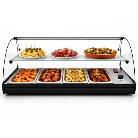 Professional heated tapas display case with shelf, 4 GN 1/3 trays in stainless steel