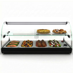 Professional heated tapas display case with shelf, 4 GN 1/3 trays in stainless steel