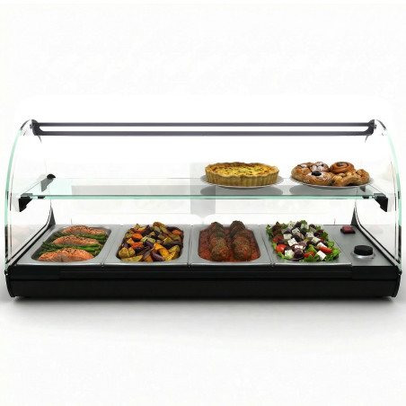 Professional heated tapas display case with shelf, 4 GN 1/3 trays in stainless steel