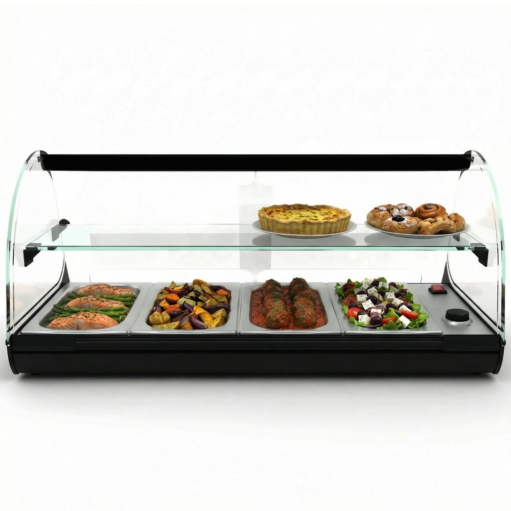 Professional heated tapas display case with shelf, 4 GN 1/3 trays in stainless steel
