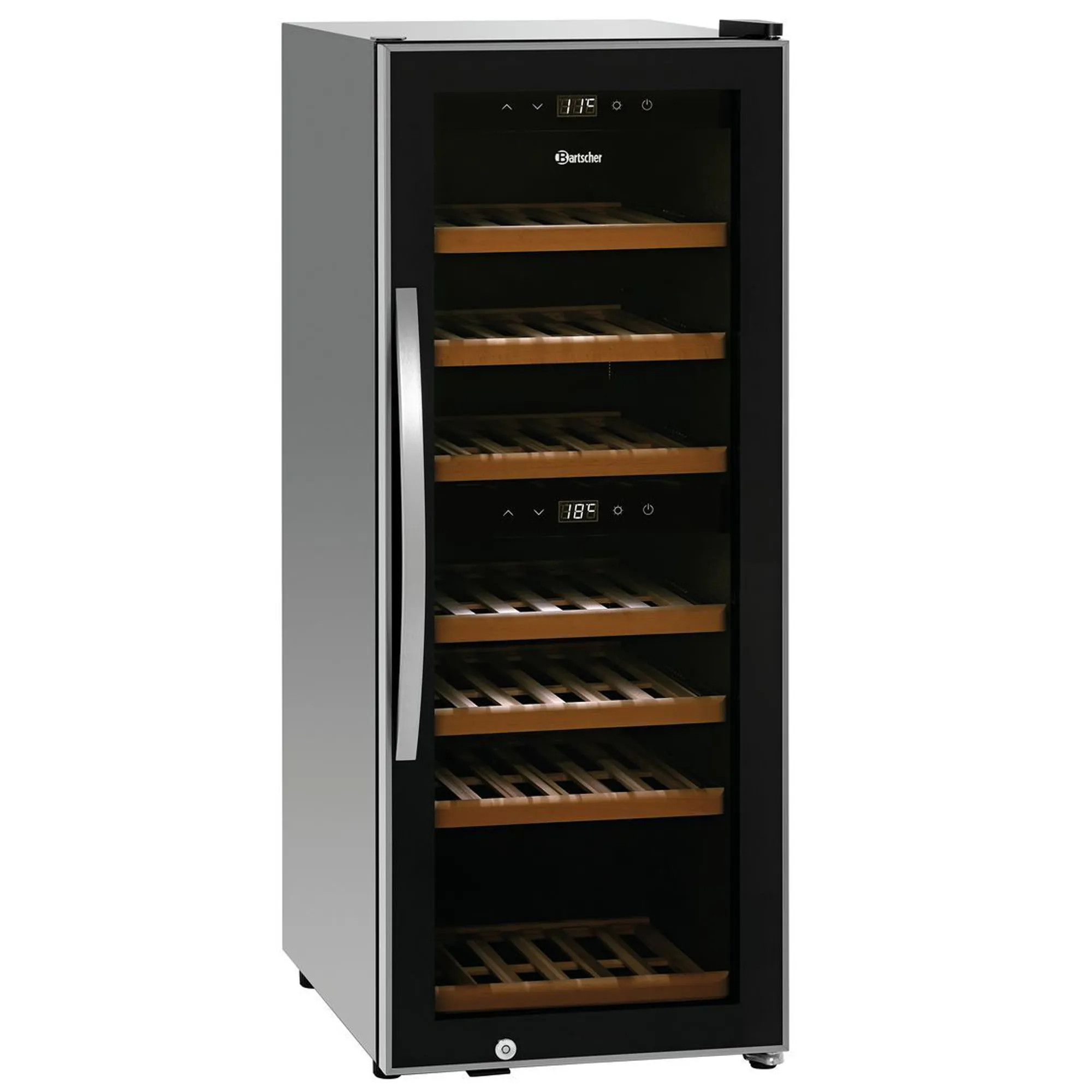 Refrigerador de vino industrial de 2 zonas con diseño elegante, puerta de cristal y capacidad para 38 botellas.