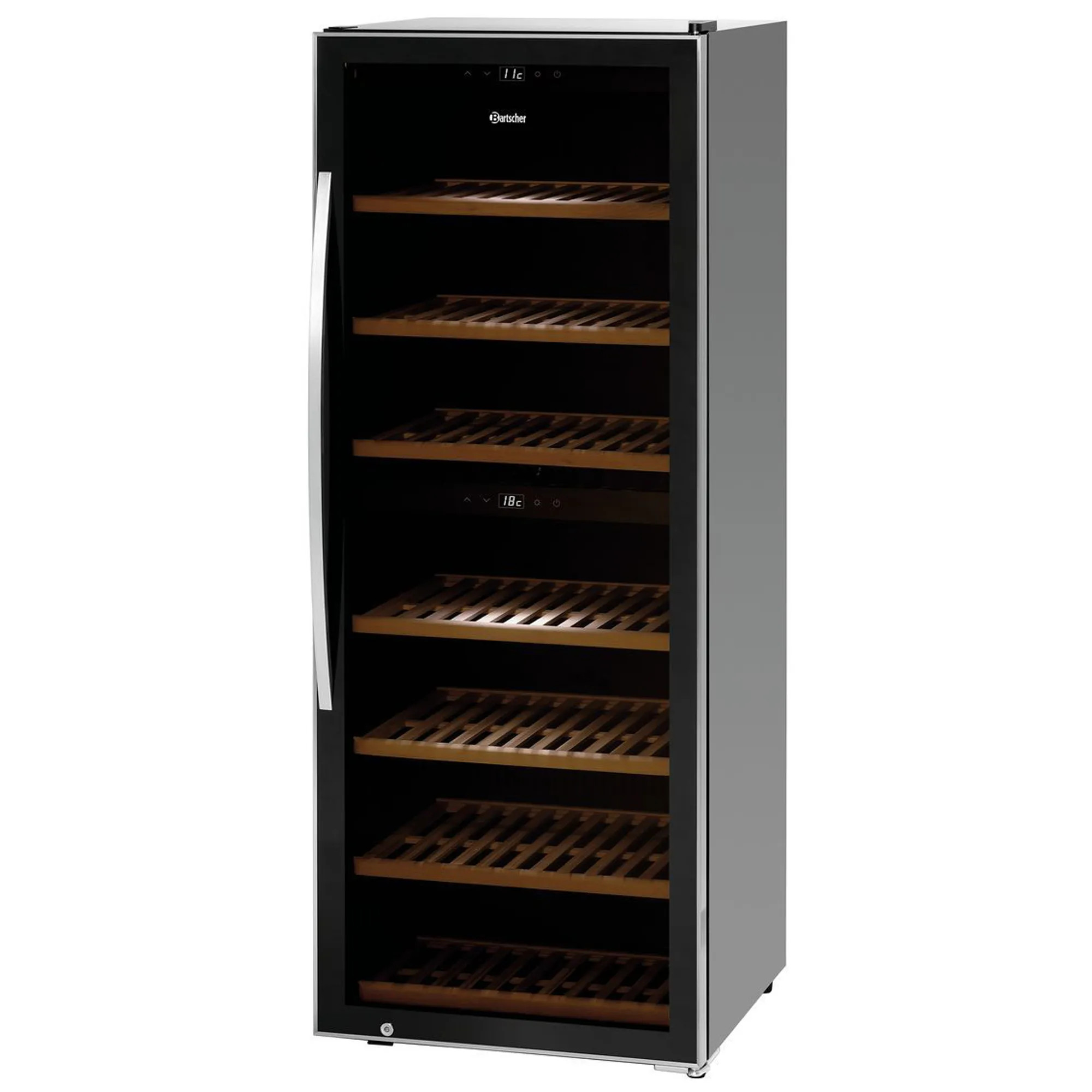Professional dual-zone wine cooler for 126 bottles, with glass door, large capacity and elegant vertical design.