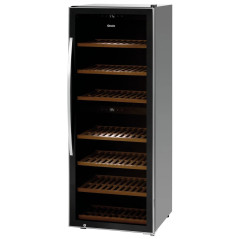 Professional dual-zone wine cooler for 126 bottles, with glass door, large capacity and elegant vertical design.