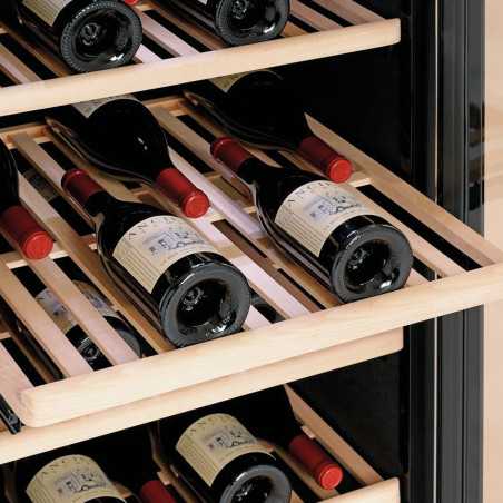 Wooden shelves with ball-bearing runners for smooth pull-out and easy access to bottles in intensive professional use.