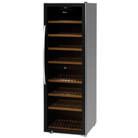 Professional dual-zone wine cooler for 180 bottles, with glass door, vertical design and large capacity for hospitality.
