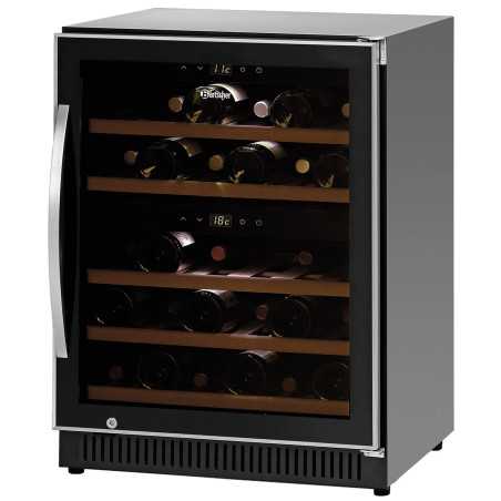 Refrigerador de vino industrial 2 zonas 40 botellas profesional con puerta de cristal y diseño elegante en negro.