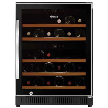 Vista frontal del refrigerador de vino profesional de doble zona con control digital táctil e iluminación interior.