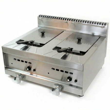 Commercial countertop gas fryer with dual 10+10 L tanks and 14 kW