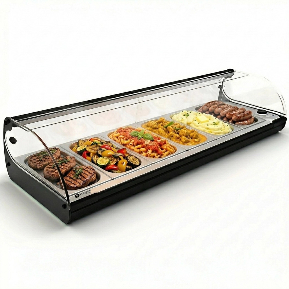 Professional heated tapas display case with 6 GN 1/3 trays in stainless steel