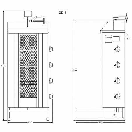 Plano técnico de la máquina kebab shawarma POTIS GD4 con medidas.