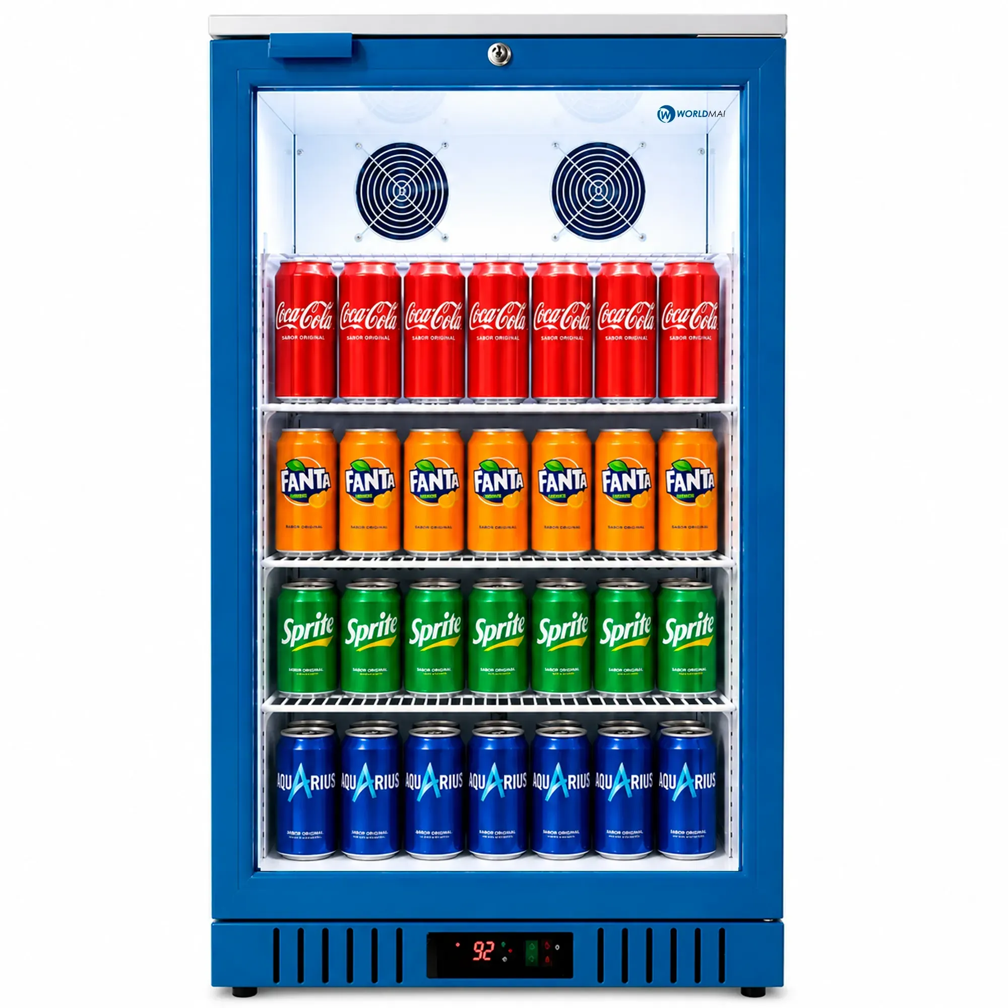 138 litre upright display fridge with double ventilated cooling and Low-E glass door