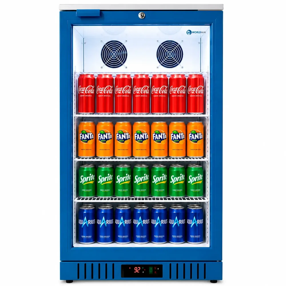 Glass door display fridge with double ventilation, 133 L bottle cooler