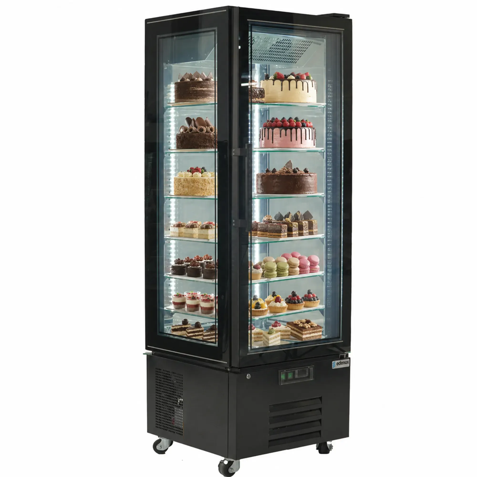 Vitrina refrigerada de 65 cm con 4 caras acristaladas y diseño elegante para máxima visibilidad.