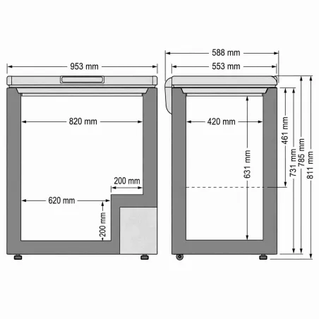 Dimensions du congélateur coffre professionnel Worldmai AC200-WM de 201 litres bruts