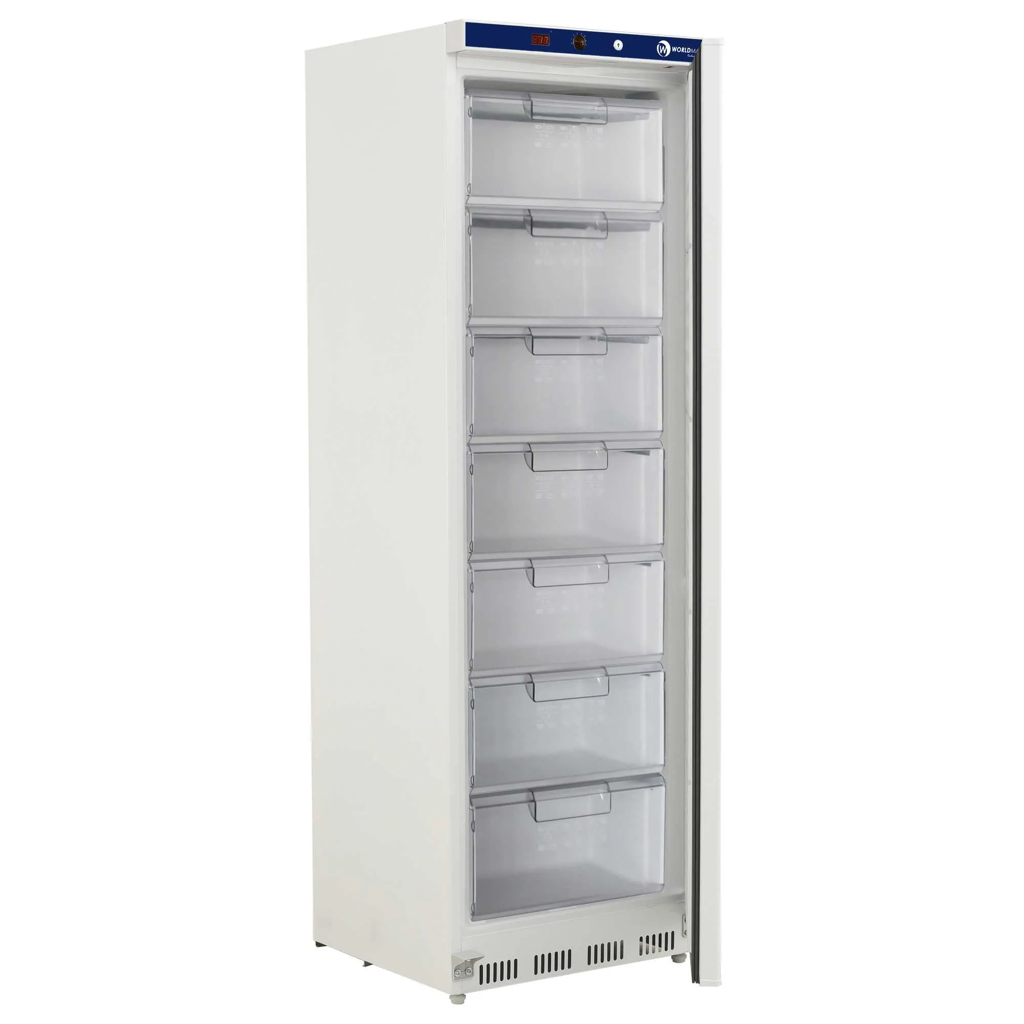 Congelador vertical industrial Worldmai CC400-WM abierto con 7 cestas para hostelería profesional