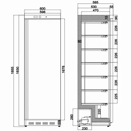 Technical drawing of the Worldmai CC400-WM 400 L upright freezer with 600 x 585 x 1855 mm dimensions