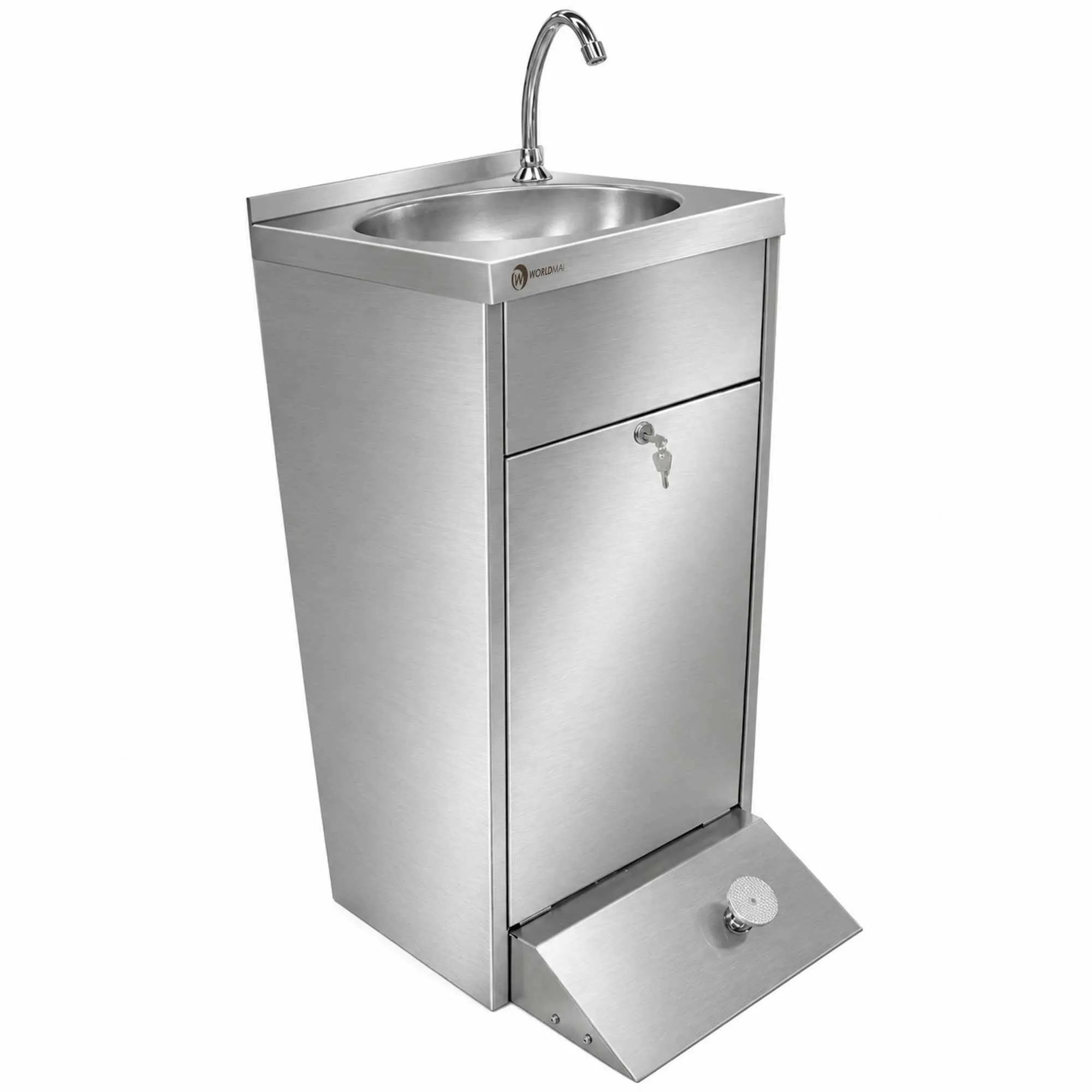 WORLDMAI 450x550 mm stainless steel freestanding commercial hand wash basin with tap, bowl and foot pedal operation